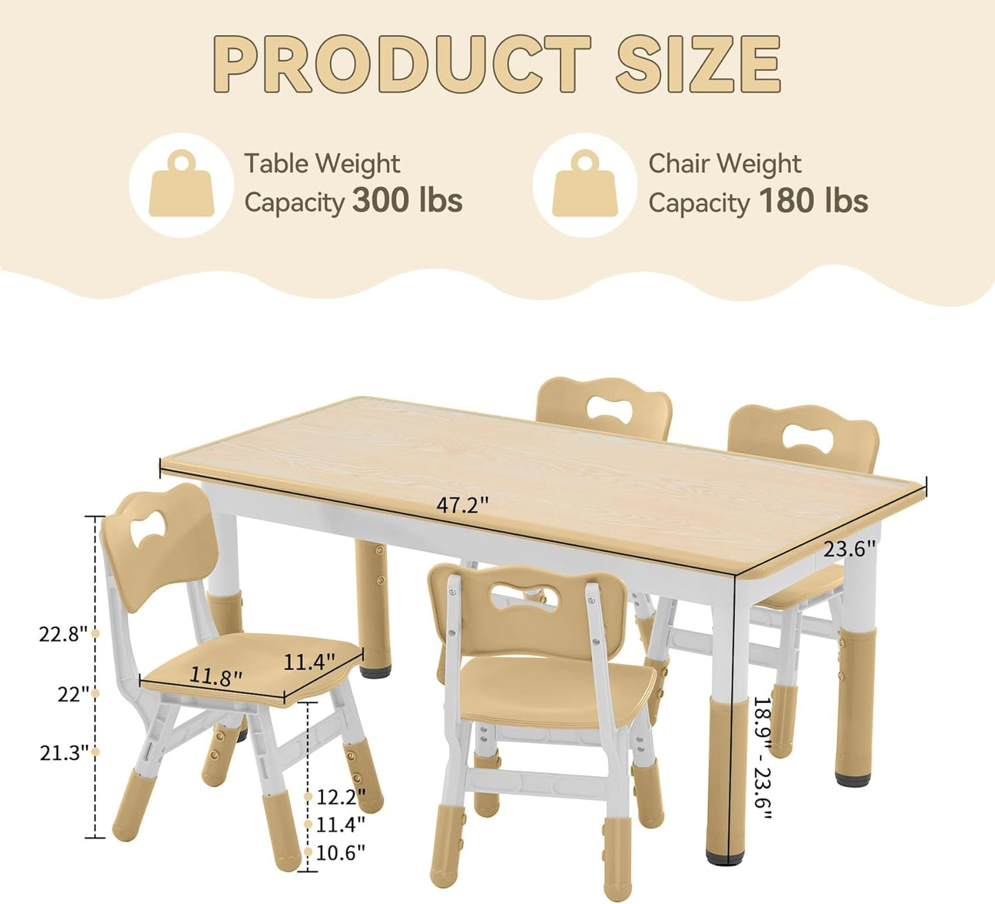 Kids Study Table and Chairs Set, Height Adjustable Toddler Table and Chair Set for Kids Ages 3-8, Graffiti Desktop (Light Brown)