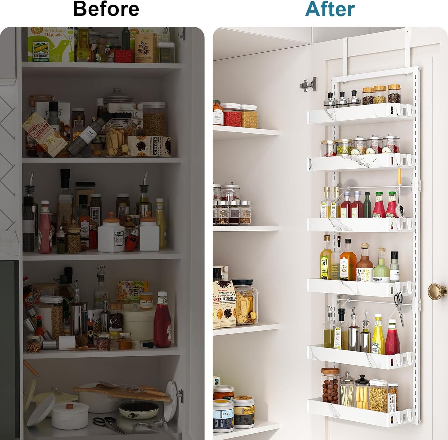 bukfen Over the Door Pantry Organizer, 6-Tier Adjustable Basket Kitchen Pantry Door Organization and Storage, Heavy-Duty Metal Hanging Kitchen Spice Rack,D6.3 x W17.32 x H50.60 inch,White Marble Color