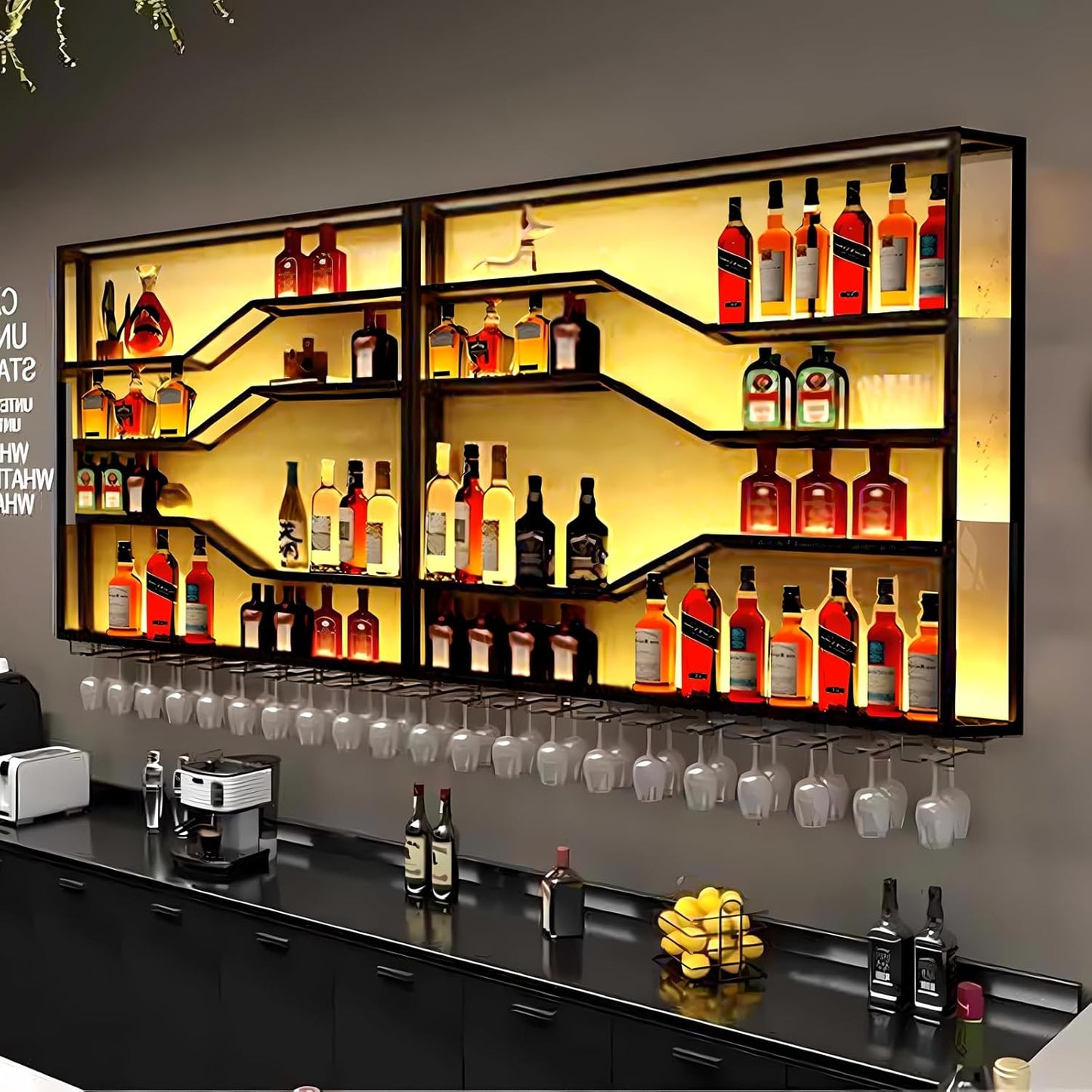 94.4in Wall Mounted Wine Rack with LED Light, 5-Tiers Liquor Bottles Display Shelf with Glasses Holder, Metal Home Bar Shelves with Industrial Iron Frame for Kitchen (Black, 94.4in/7.87ft)