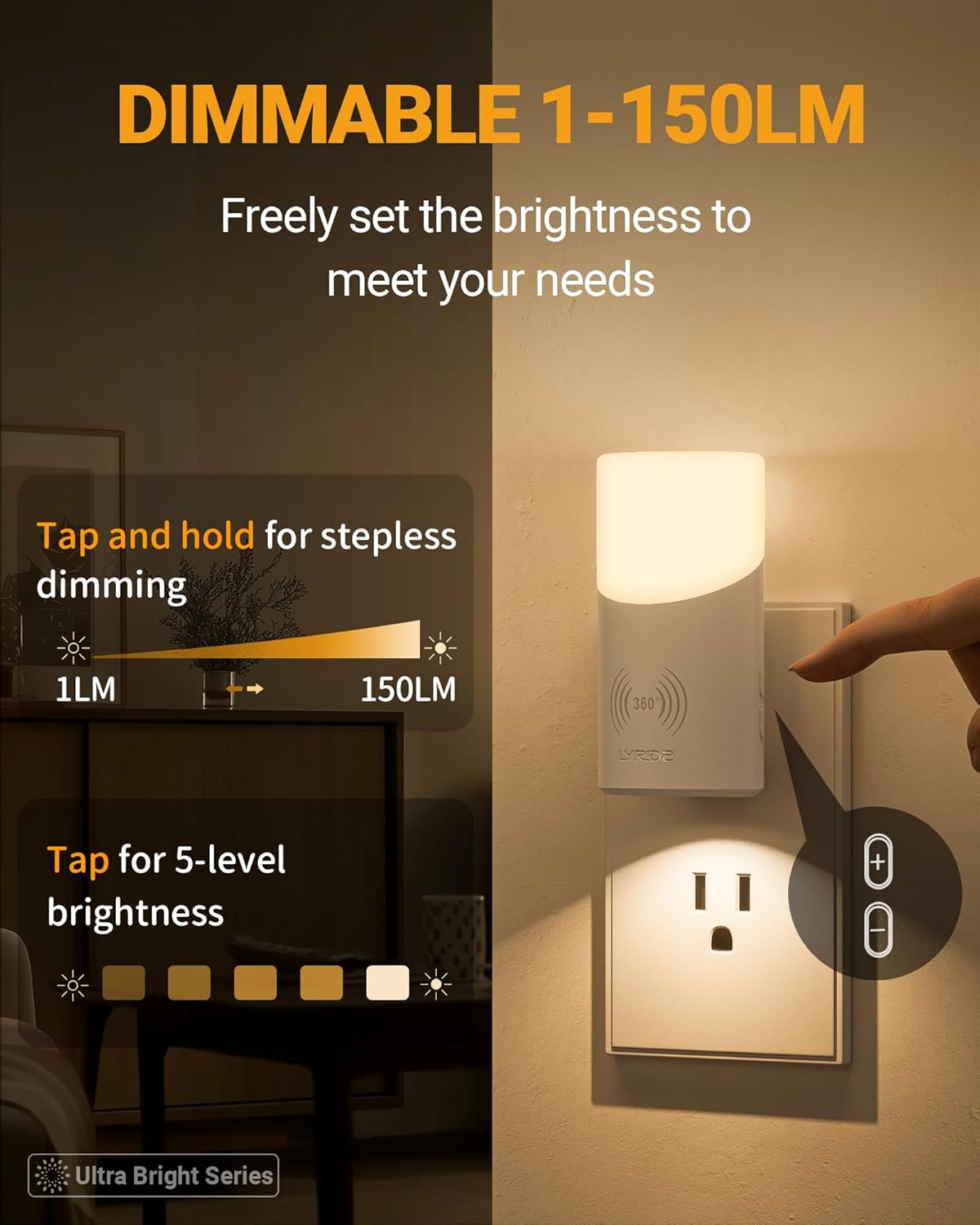 Lyridz LED Plug-in Night Light with 360° Motion Sensor, 1-150 Lumens Dimmable Nightlights Indoor for Bathroom, Bedroom, Hallway, Stairs, Pet House, 2 Pack