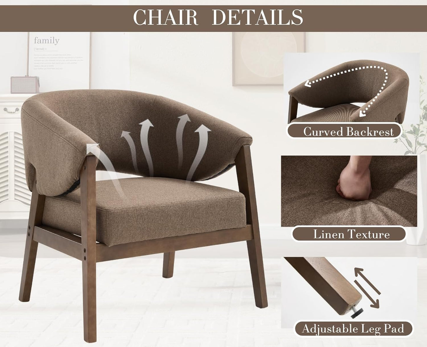 Mid-Century Modern Accent Chair, Comfy Barrel Armchair with Wide Seat, Upholstered Lounge Chair with Walnut Wood Legs for Living Room/Bedroom/Reading Corner, Linen Fabric, Brown, 1PC