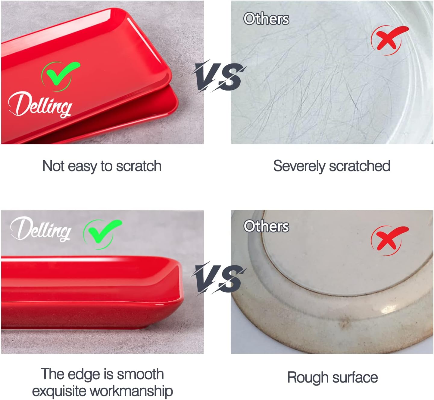 DELLING 3 Pack Rectangular Serving Platter and Trays, 12" Appetizer/Salad/Dessert Plates, Entertaining, Party, Romantic Date, Red