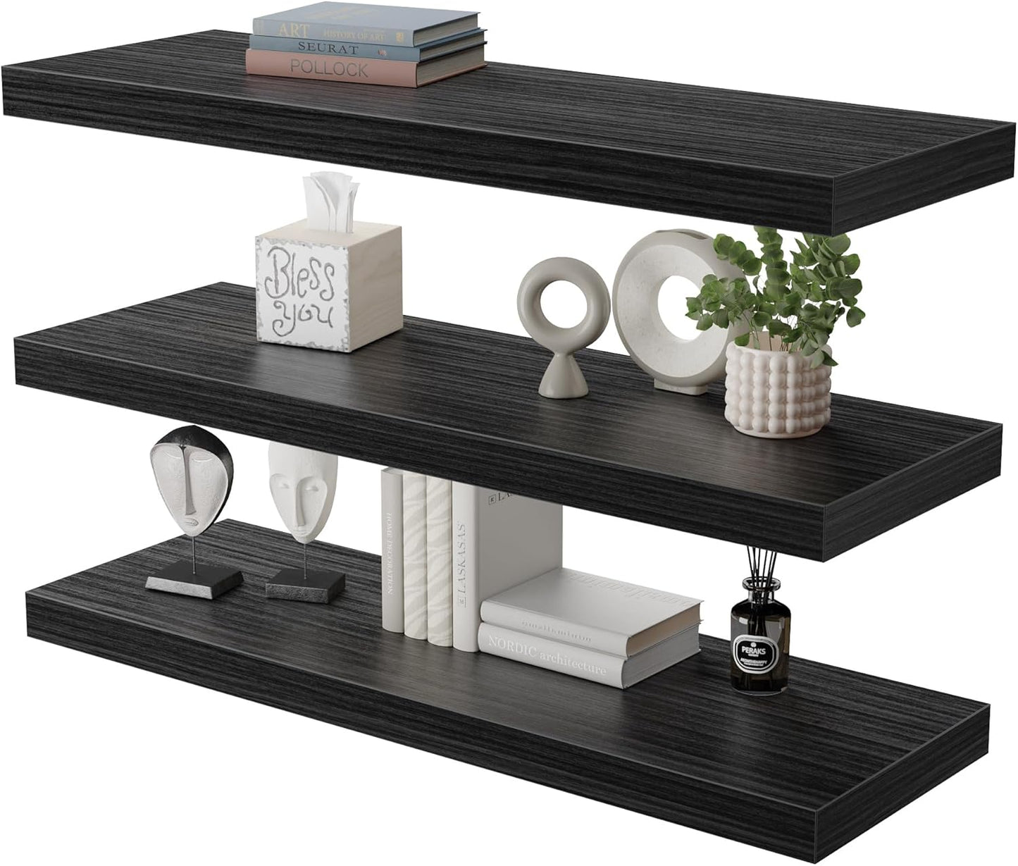 Large Floating Shelves for Wall Set of 3 Wooden Wall Shelves 36 in x 12.75 in x 2 in Room Decor Long Shelf with Invisible Wall Mount Bracket for Bedroom Kitchen Living Room Black Wood