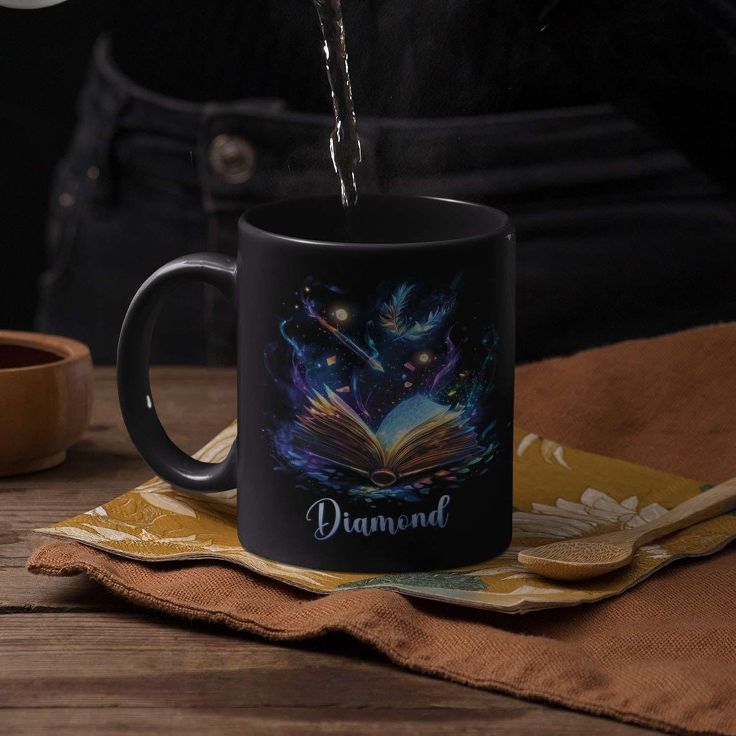Personalized Sparkling Book Coffee Mug, Custom Name Enchanted Book Design Cup, Customized Fantasy Inspired Ceramic Mug, Gift For Women Men, Book Enthusiasts Black Cup 11oz Or 15oz