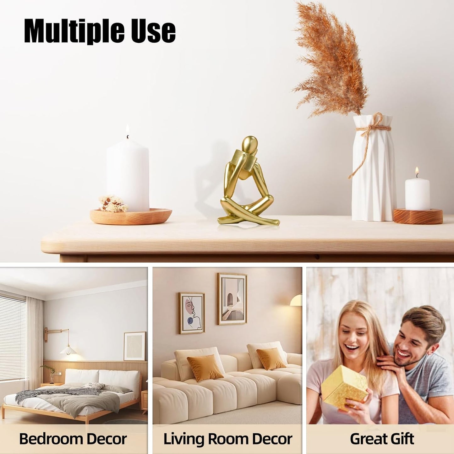 Bookshelf Decor Reading Statue - Abstract Art Thinker Sculpture Bookend for Shelves Aesthetic, Modern Home Decoration Figurine for Living Room Office Shelf Desk Coffee Table Decor(Gold Right)