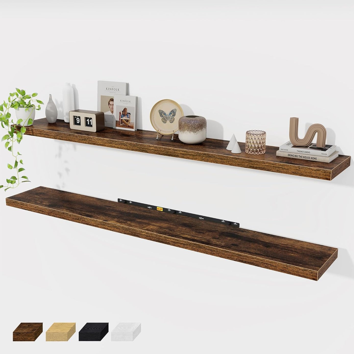 Fun Memories 72 Inch Floating Shelves for Wall 2 Pack Shelves for Bedroom|Kitchen|Bathroom 72 x 9.3 Inch Wood Floating Shelf with Invisible Brackets for Books|Storage|Decor, Rustic Brown