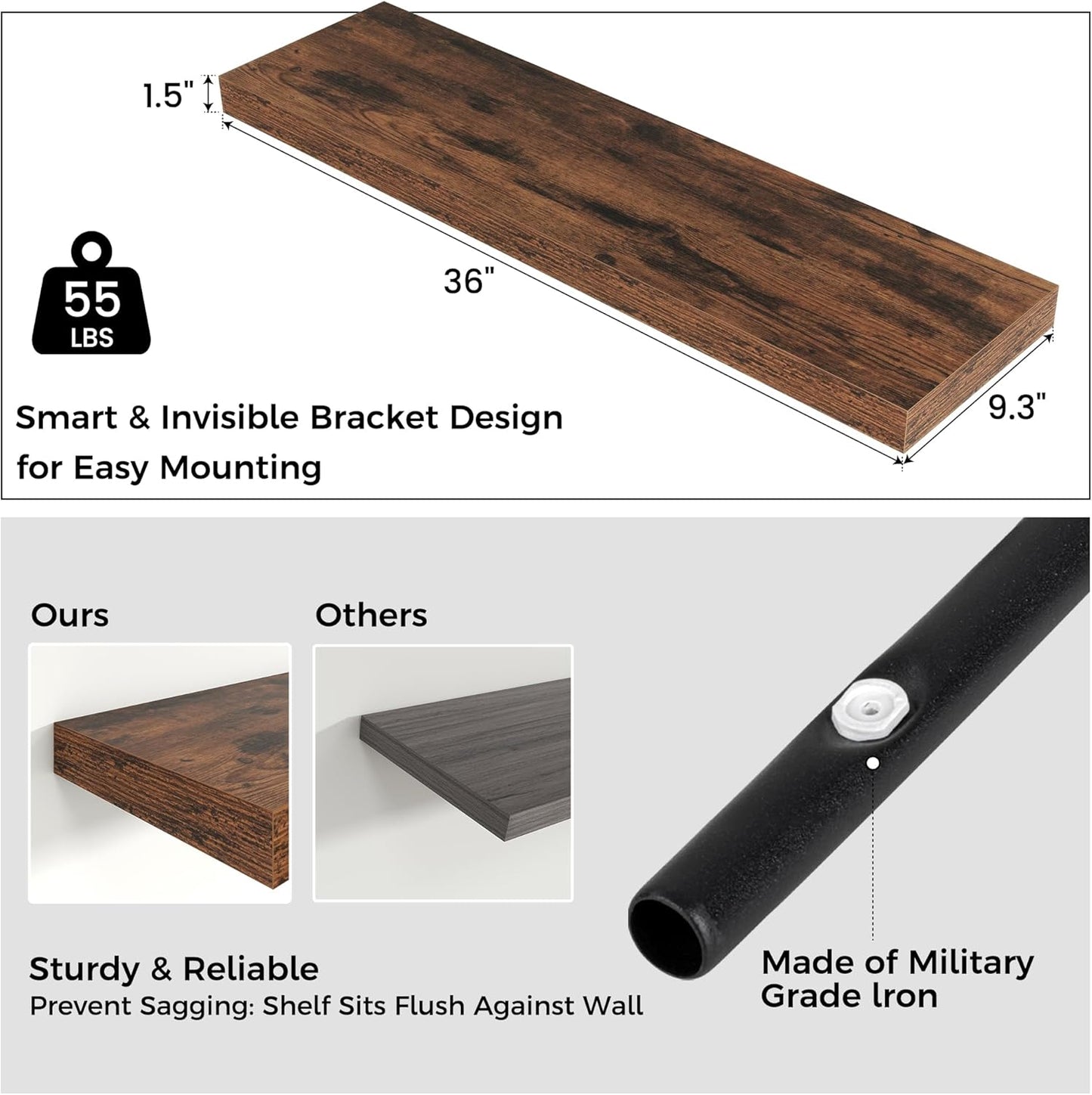 Floating Shelves - 2 Large Wall Mounted Shelves with Invisible Brackets, Long Wood Floating Wall Shelf for Living Room, Bedroom, Kitchen (Brown, 36" W x 9" D x 1.5" H)