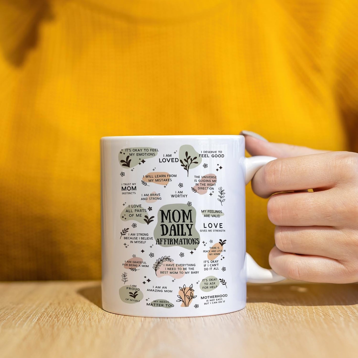 JINYO Boho Floral Mom Coffee Cup, Mother's Day Mugs Cups, Mother Birthday Gifts from Daughter Son, Mom Daily Affirmation Ceramic Coffee Tea Mug 11 oz