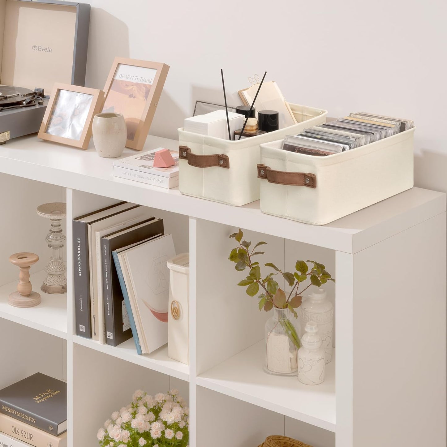 StorageWorks Narrow Storage Bins, Small Basket for Closet and Shelves, Fabric Organizer with Handles, Toilet Paper Storage, Natural Color, 2-Pack