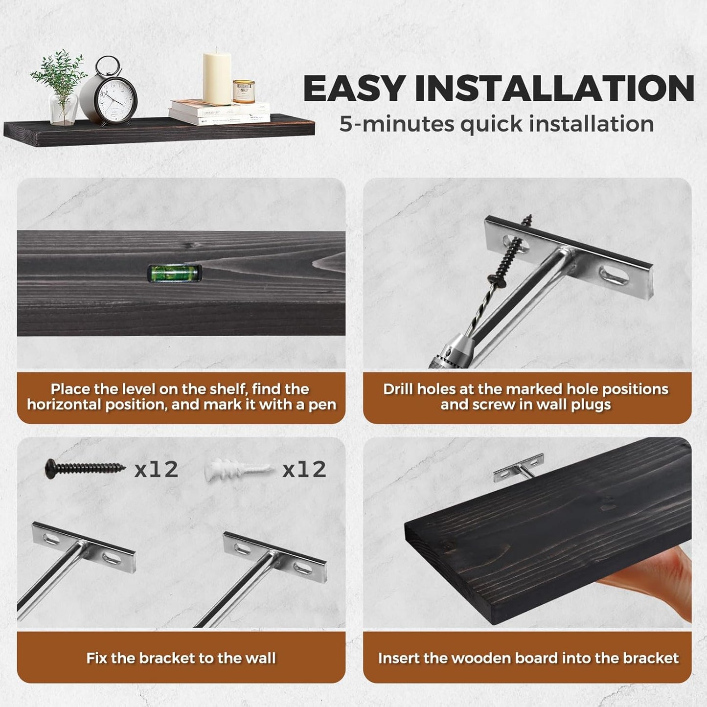 Floating Wall Shelves 3-Pack - 24-Inch Rustic Black Wooden Shelves for Storage and Décor, Easy Installation for Living Room, Bedroom, and Kitchen