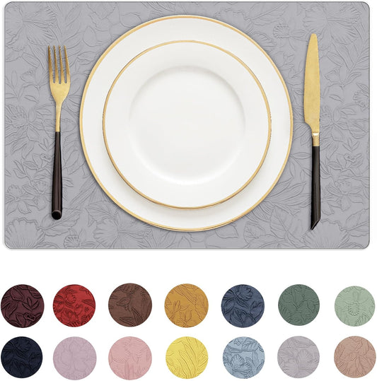 Romanstile Vinyl Placemats Set of 8-12 X 18 Inch - Heat Resistant Non-Slip Embossed Floral Place Mats 100% Waterproof Oilproof Wipeable Faux Leather Table Mats for Kitchen/Dining/Party, Grey