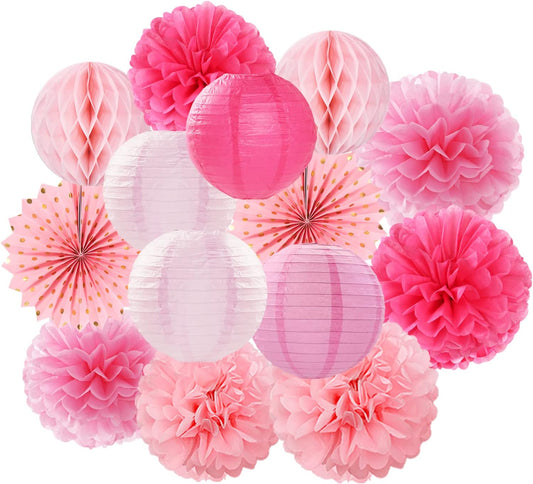 Rose Hot-Pink Party Decorations Streamers - 14pcs Girl Birthday Baby Shower Paper Lanterns Fan,Tissue Pom Poms,Honeycomb Balls,Bachelorette Bridal Wedding Engagement Supplies Decor Lasting Surprise