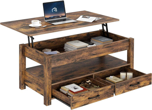 Rolanstar Coffee Table, Lift Top Coffee Table with Drawers and Hidden Compartment, Retro Central Table with Wooden Lift Tabletop, for Living Room,Rustic Brown