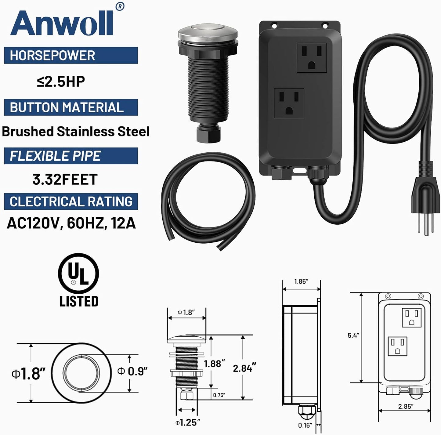 Garbage Disposal Air Switch Kit -Professional- Dual Outlet, Sink Top Waste Disposer On/Off, Garbage Disposal Button, UL Listed