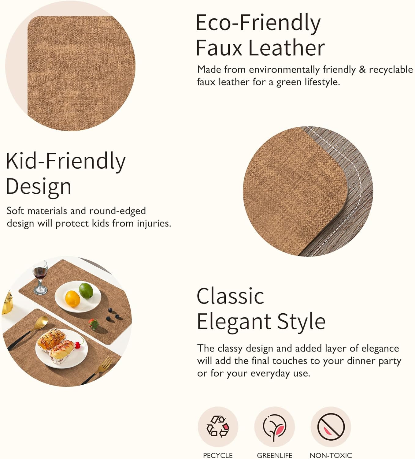 Maxpearl 8-Piece PU Leather Placemats – Durable, Heat Resistant & Wipeable Table Mats, Non-Slip and Waterproof Dining Place Mats for Kitchen or Patio Table, 17x12 Inches, Brown