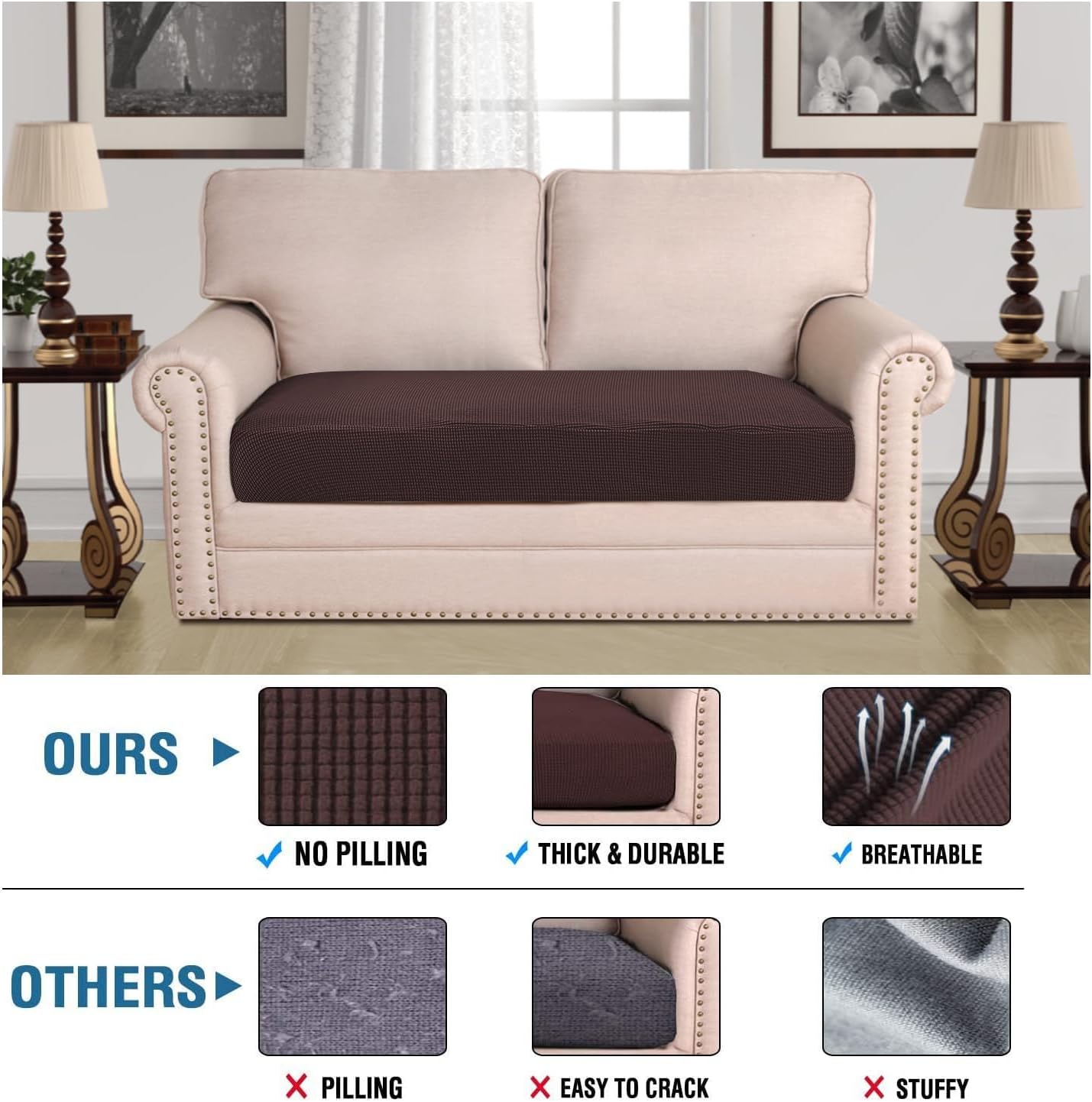 H.VERSAILTEX Super Stretch Individual Seat Cushion Covers Sofa Covers Couch Cushion Covers Slipcover Sets Thick Jacquard Textured Twill Fabric (1 Piece Loveseat Cushion Cover, Chocolate)