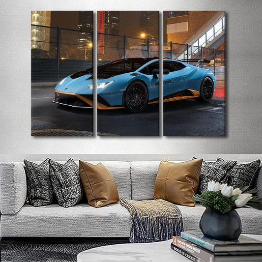 Car Poster Decor Wall Art for Bedroom Blue Super Car Canvas Painting Sports Car Large Wall Art for Living Room Hypercar Speed Blur Contemporary Home Decor 3 Panels Stretched on Wooden Frame 60"Wx40"H