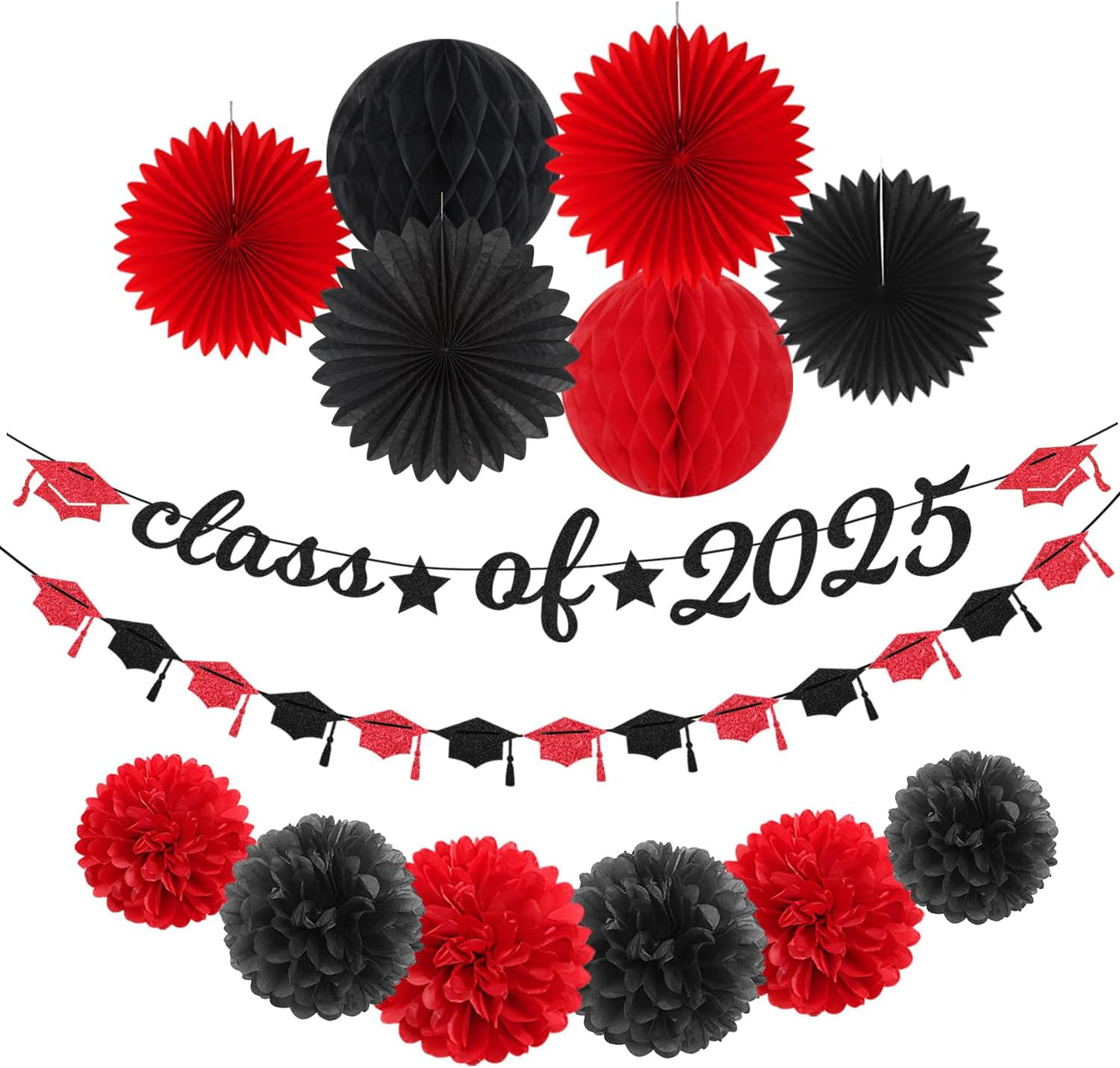 Red Black Party-Decoration Graduation Banner - 14pcs Kits Cap Garland Streamers, Paper Tissue Pom Poms Flowers Fans Honeycomb,Class Of 2025 College High School Grad Decor Hugfond