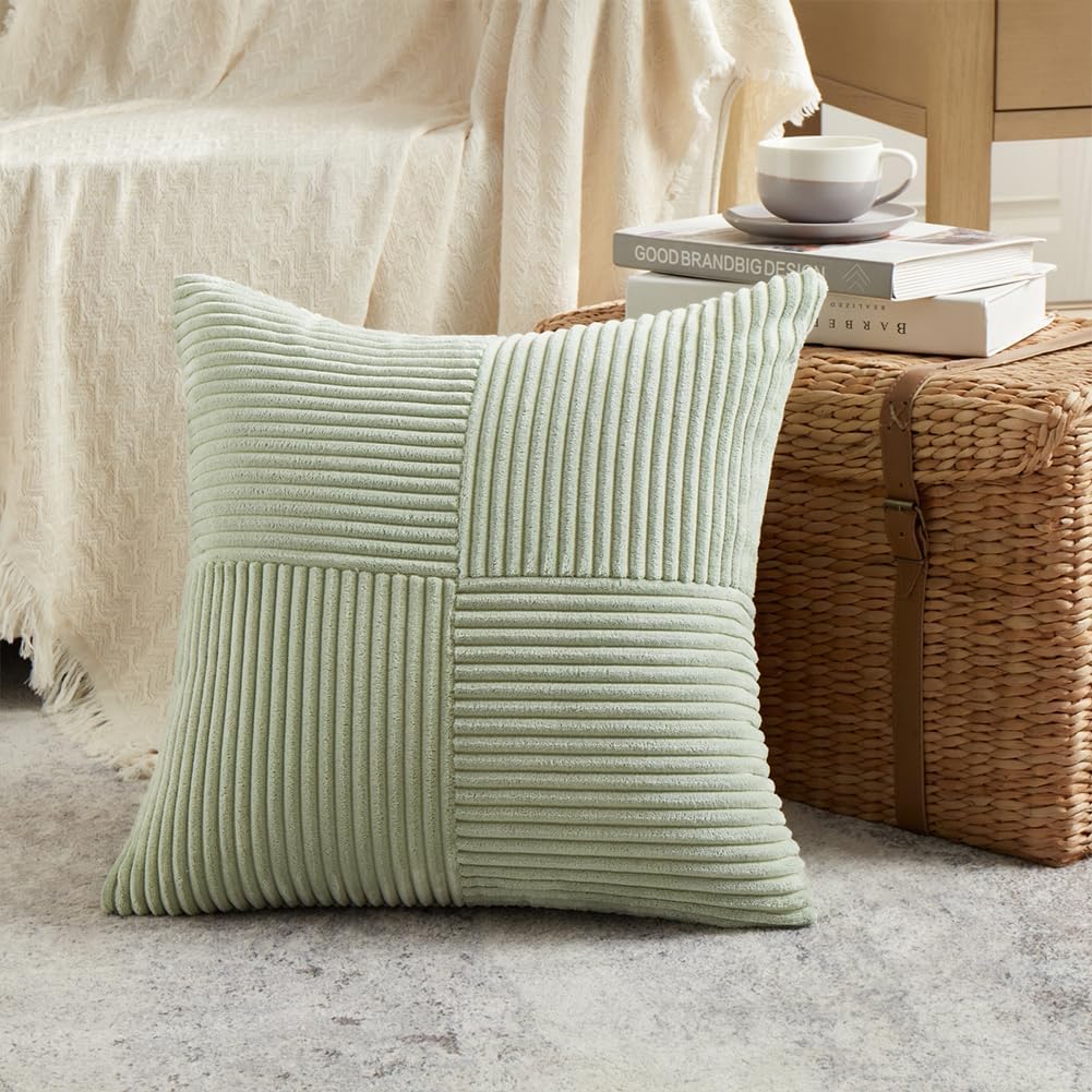 Fancy Homi 2 Packs Sage Green Big Decorative Throw Pillow Covers 24x24 Inch for Living Room Couch Bed, Rustic Farmhouse Boho Home Decor, Soft Corss Corduroy Patchwork Accent Cushion Case 60x60 cm