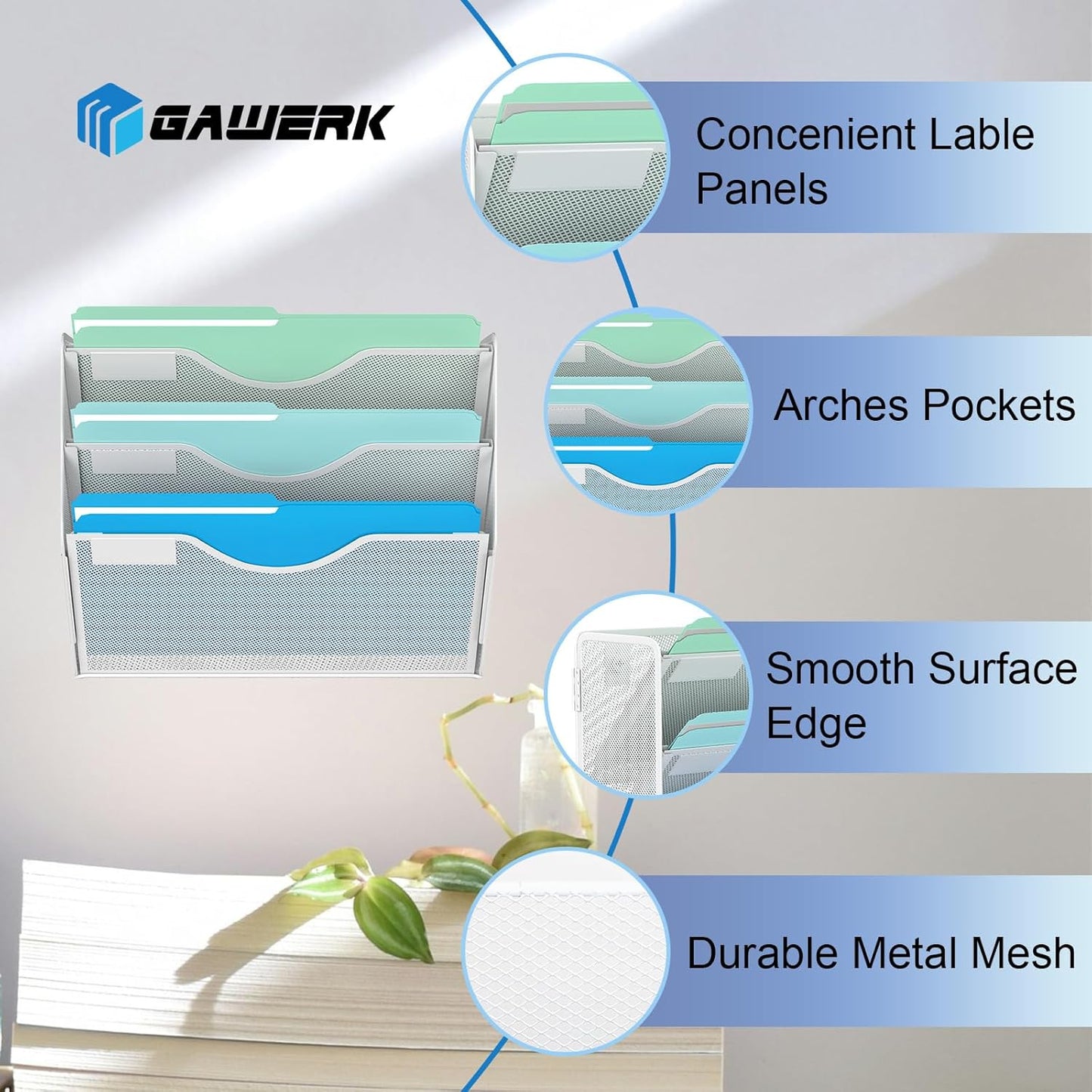 3 Tier Hanging Wall File Organizer, Mesh Mail Paper Orgnization Hanging File Folder Holder for Home Office, White