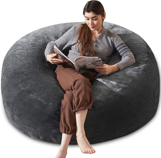 Bean Bag Chair 5Ft, Memory Foam Filled, Large Beanbag Chairs for Adults and Teens, Soft Sofa with Removable Flannel Cover, Round Couch for Living Room Bedroom College Dorm (Dark Gray, 5FT-60×60"×24")