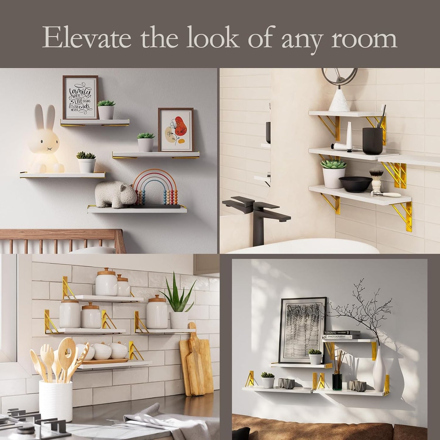 BAYKA Wall Shelves for Bedroom Decor, Floating Wall Shelves for Living Room Kitchen Storage, Wall Mounted Rustic Wood Shelves for Kids Books, Corner Shelf for Bathroom(White and Gold，Set of 4)