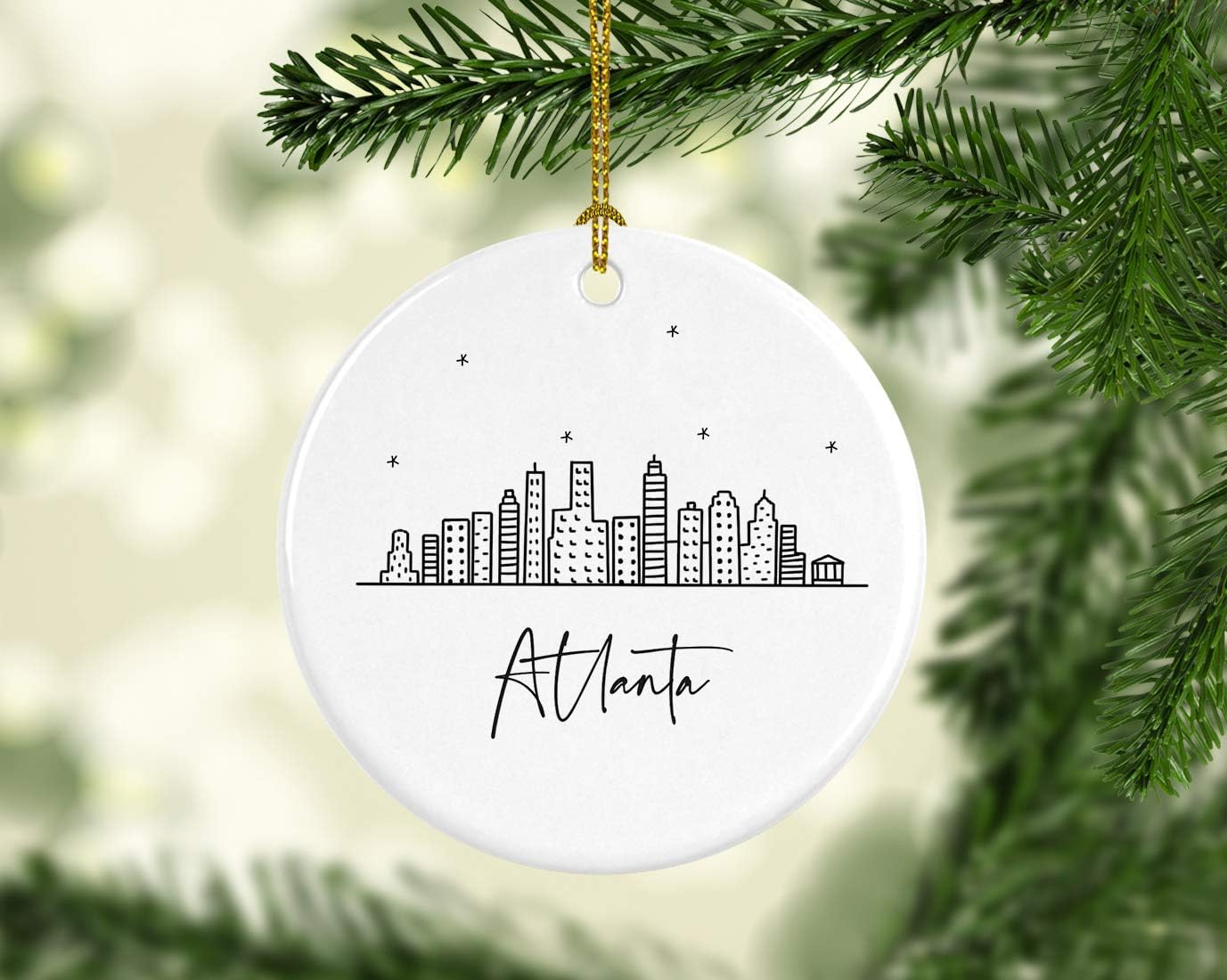 Andaz Press Round Ceramic Porcelain Christmas Tree Ornament Keepsake, Atlanta Black and White Stars City Skyline Graphic, 1-Pack, Birthday Gift Ideas for Family Coworker, Includes Gift Box