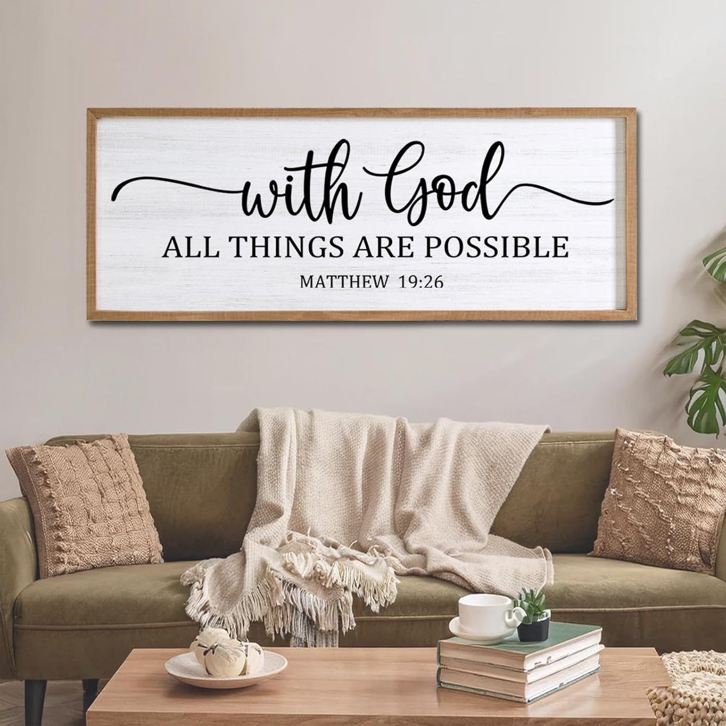 With God All Things are Possible Framed Wall Art, 40''×15'' Natural Religious Rustic Bible Verse for Christian God Jesus Christ Prayer, Holy Positive Horizontal Inspirational Catholic Scripture Decor