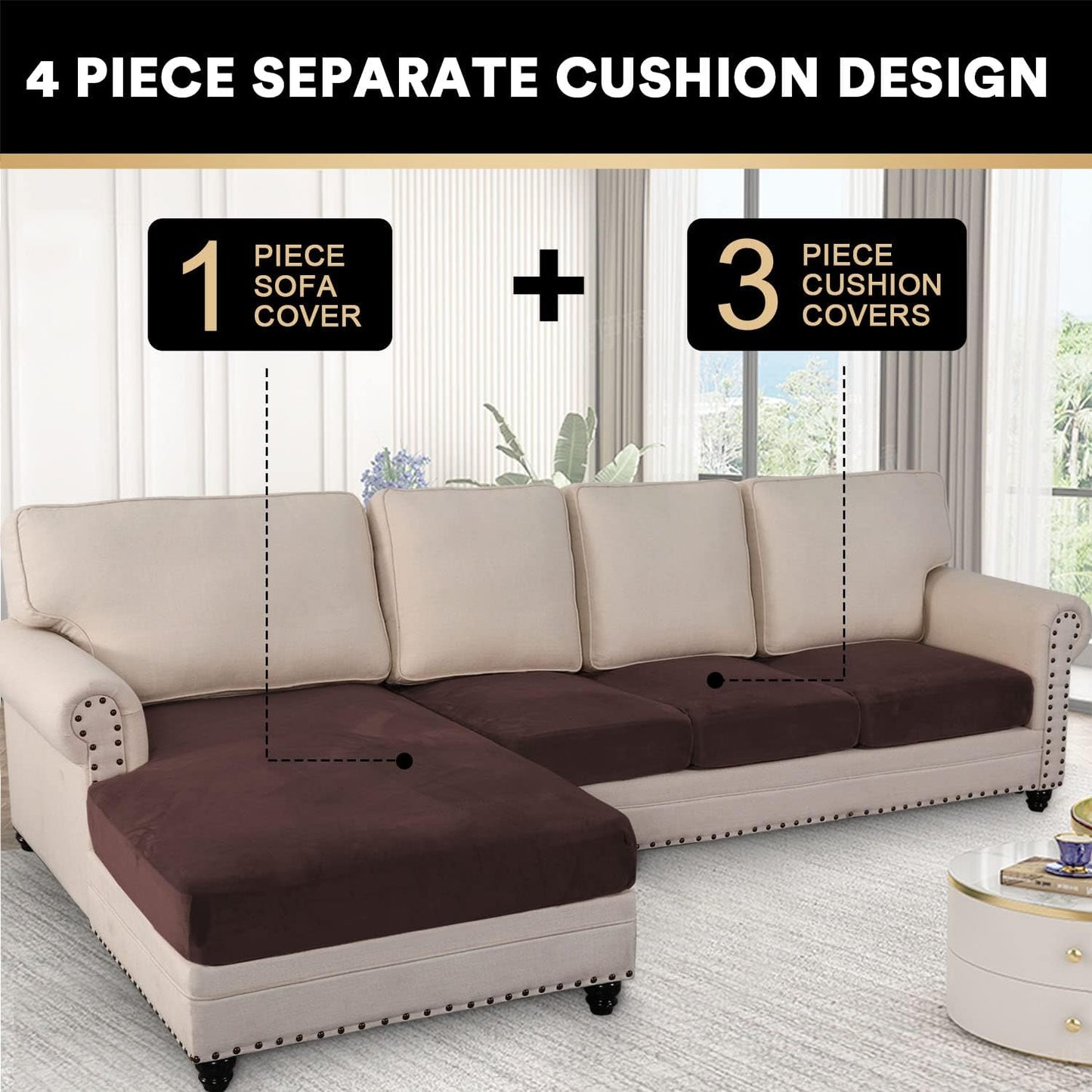 PrinceDeco Sectional Couch Covers 4 Pieces Velvet Separate Couch Cushion Covers L Shape for Left/Right Chaise Sectional Couch with Elastic Bottom (3 Seater + 1 Chaise,Brown)