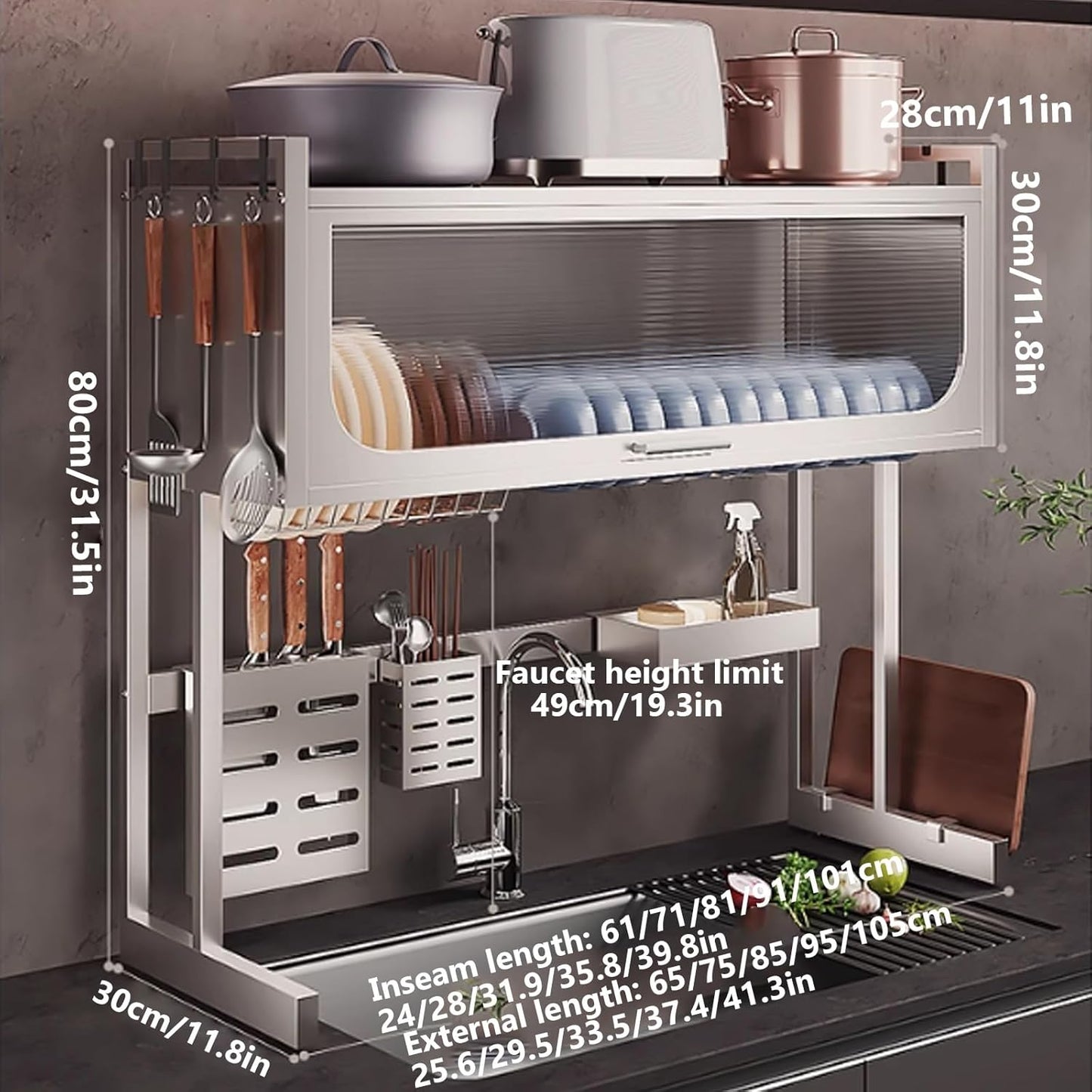 Home Furnishing Dish Rack Over Sink Stainless Steel Over The Sink Dish Drainer Drying Rack Space Kitchen Sink Rack Multifunctional countertop Dish Storage Rack Sink(White,65cm/25.6in)