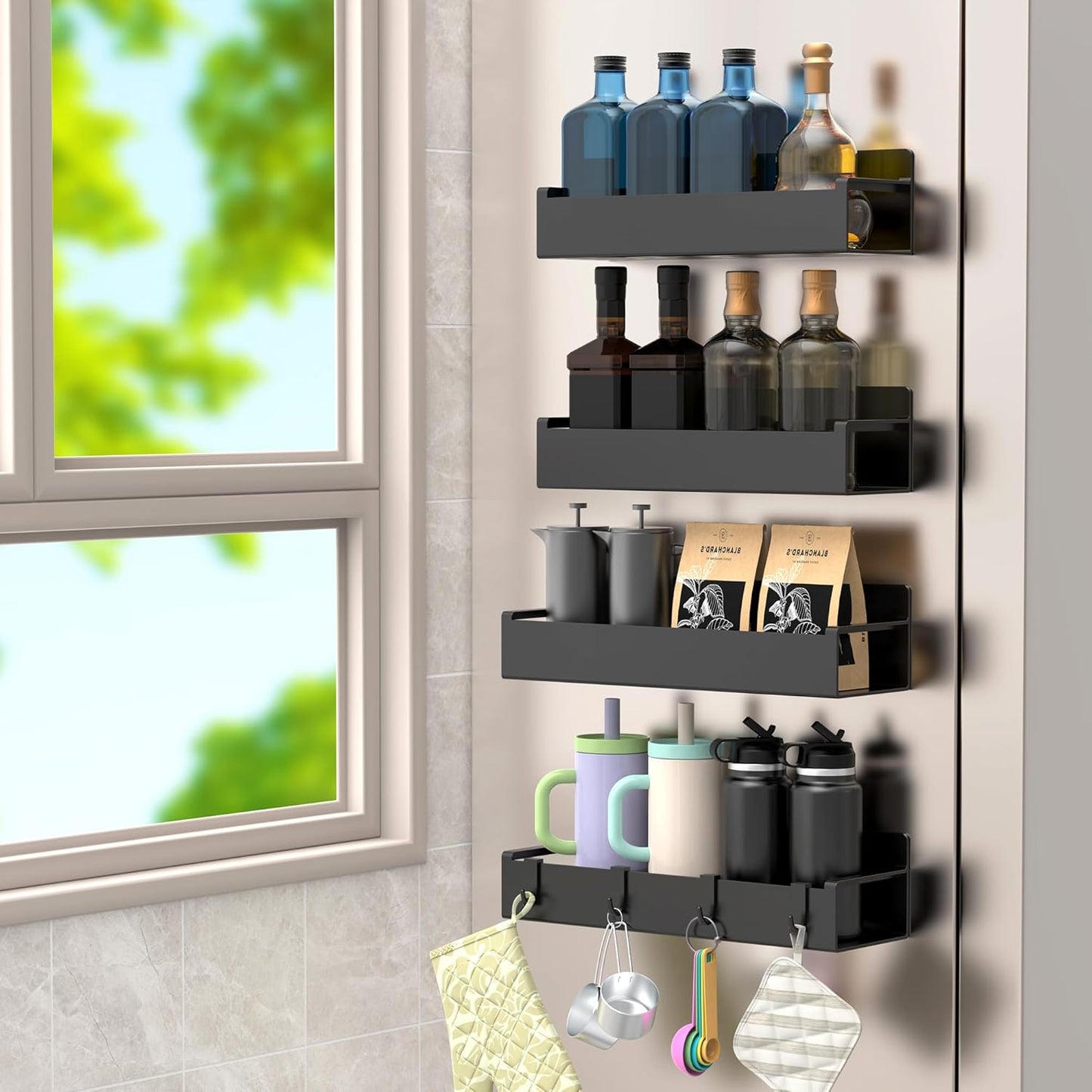 4 Pack Magnetic Spice Rack Organizer for Refrigerator and Oven, Matt Black Fridge Organizers and Storage for Kitchen