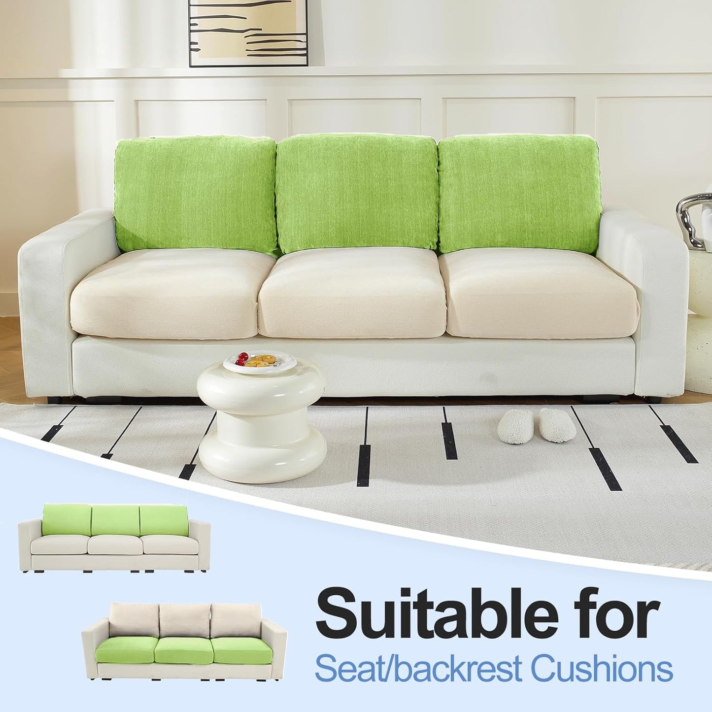 Large Backrest Cushion Covers Super Stretch Backrest Covers for 3 Cushion Couch Sofa, Couch Back Cushion Covers Featuring with Chenille Yarn (Softer Version, 3PC, Green)