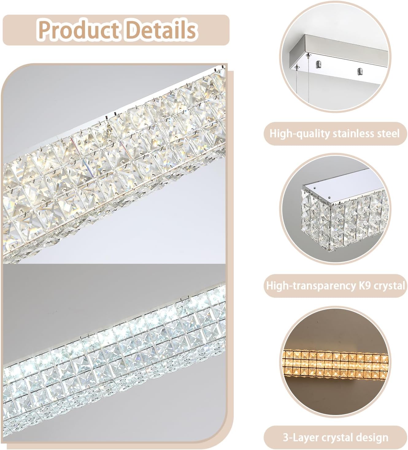 W48 Modern Rectangular Crystal Chandeliers Dining Room Chandelier,Silver Pendant Light Fixture with Remote Control for Living Room Kitchen Island