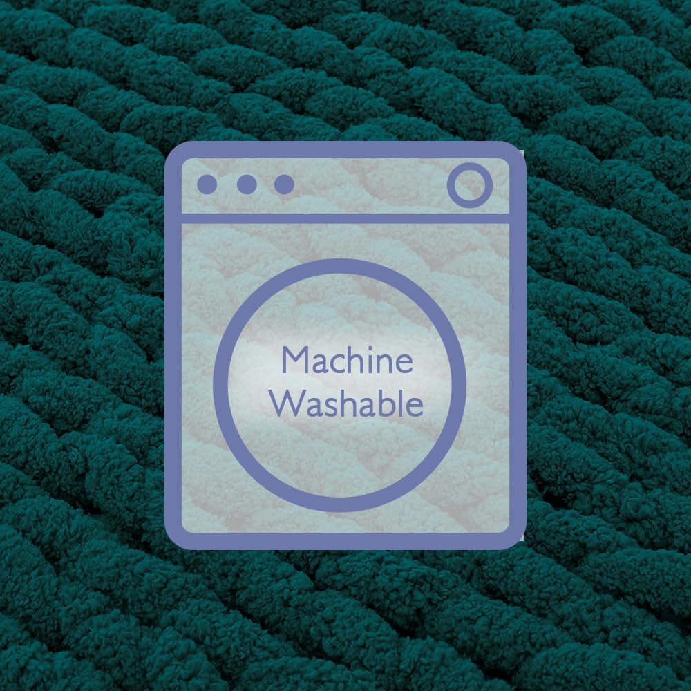 Bigacogo Chunky Knit Throw Blanket for Couch, 51x63 inches, 100% Hand Knitted with Thick Jumbo Chenille Yarn, Cozy Soft Large Rope Knot Cable Crochet Blankets for Sofa Bed Living Room, Dark Green