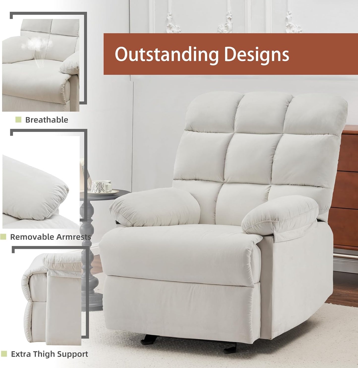 Rocker Recliner Chair, Overstuffed Manual Rocking Recliner for Adults, Upholstered Comfy Soft Fabric Living Room Reclining Sofa Chair (Beige Fabric)