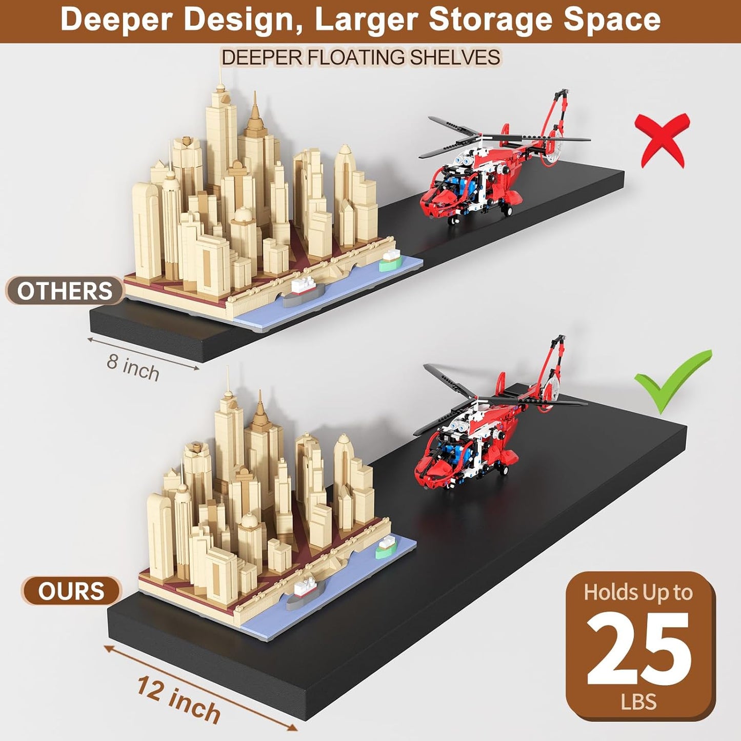 12 Inch Deep Floating Shelves for Wall 1 Pack Floating Shelves Large Storage Space Wall Mount Shelf for Living Room Kitchen Bathroom 24" W x 12" D x 1.2" H Black