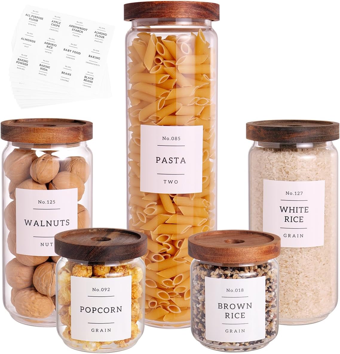 5 Set Glass Pantry Storage Jars with Acacia Airtight Lid - Thicken Glass Kitchen Canisters with 132 Pantry Labels - Clear Glass Food Storage Containers with Wood Lid for Tea,Sugar,Candy,Cookie,Pasta