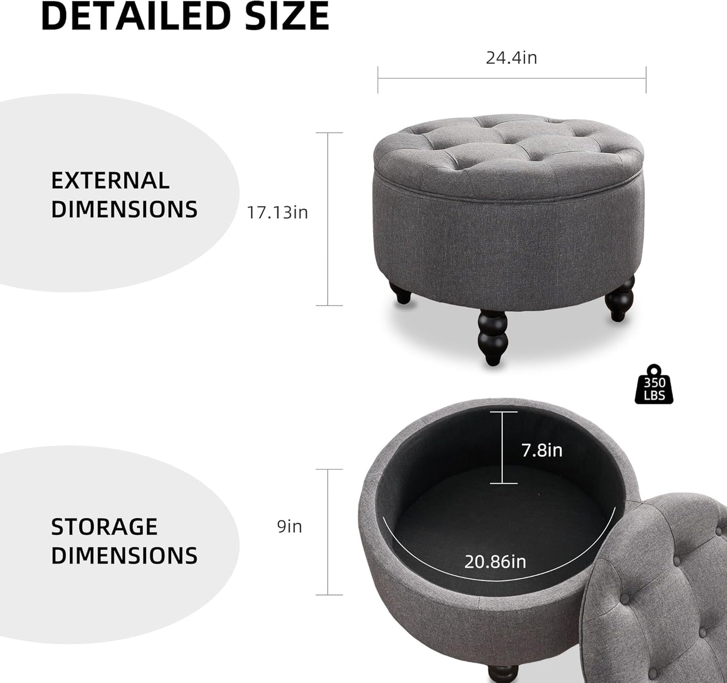 Fabric Round Ottoman with Storage, Upholstered Tufted Storage Footstool, Modern Wooden Coffee Table for Living Room, Bedroom, Dark Grey