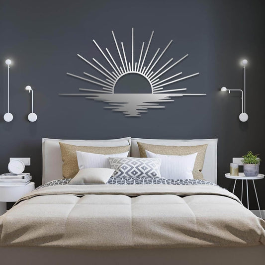 Sunrise Metal Wall Art, Metal Sun Wall Decor, Sun Outdoor Wall Art, Abstract Sunrise Wall Decor, Boho Home Hanging, Living Room Wall Hanging (Silver, 59"x35"/150x90cm)