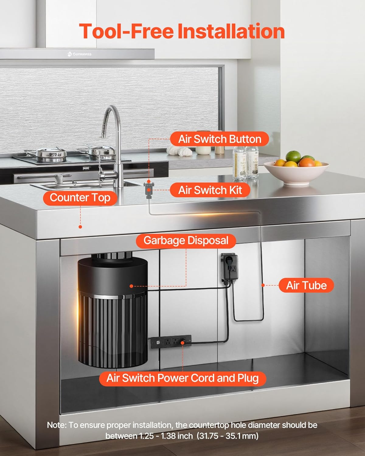 VEVOR Garbage Disposal Air Switch Kit, Dual Outlet Sink Top Air Switch for Food Waste Disposal, 2.5-inch Brushed Nickel Stainless Steel ON/OFF Air Push Button, Suitable for Stainless Steel Countertops