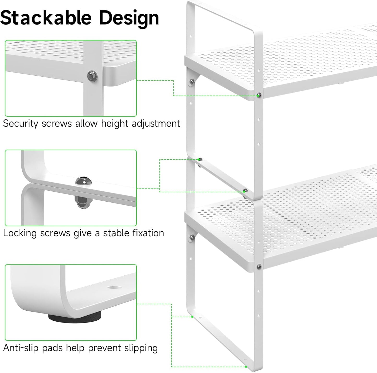 Expandable Cabinet Storage Shelf Stackable Organizer Rack for Kitchen Bathroom Pantry Spice Cupboard Coffee Countertop Home Office Desk Heavy Duty Nonslip White Large 2 Packs
