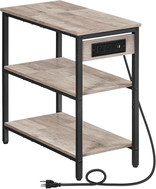 HOOBRO End Table with Charging Station, Simple Rustic Side Table with 3-Tier Storage Shelf, Narrow Nightstand for Small Spaces, for Living Room, Industrial Design, Greige and Black BG149UBZ01