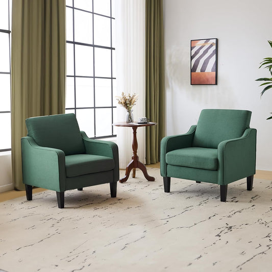 VINGLI Mid-Century Modern Accent Chairs Set of 2 Living Room Chairs Dark Green Reading Chairs for Bedroom Scooped Arm Chairs Upholstered Comfy Chairs for Apartment, Waiting Room