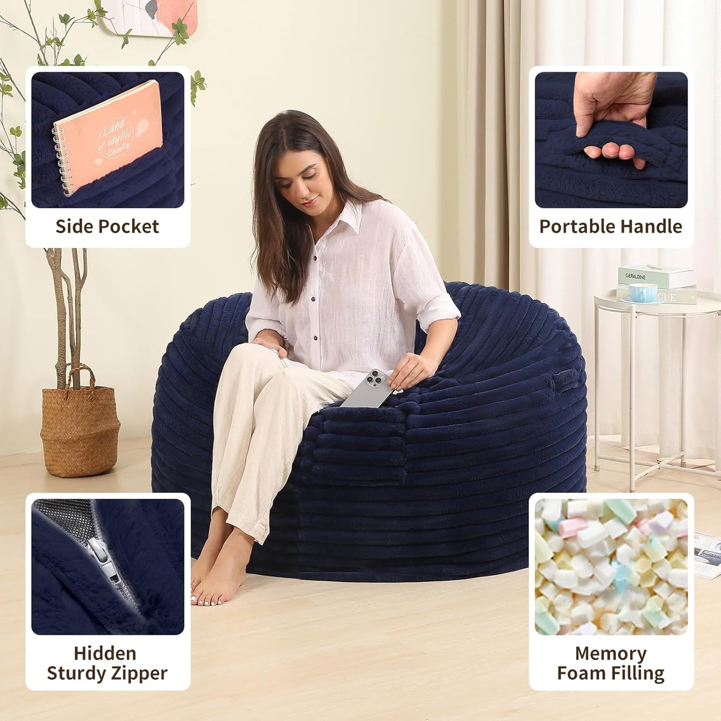 Memory Foam Bean Bag Chair for Adults/Teens, Bean Bag Sofa with Fluffy Removable Cover, for Living Room Bedroom, 3FT Blue