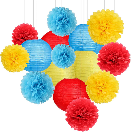 Carnival Circus Party Decorations, Red Yellow Blue Paper Lanterns and Pom Poms Flowers for Birthday Party Baby Showers Carnival Theme Rainbow Party Decor 15PCS