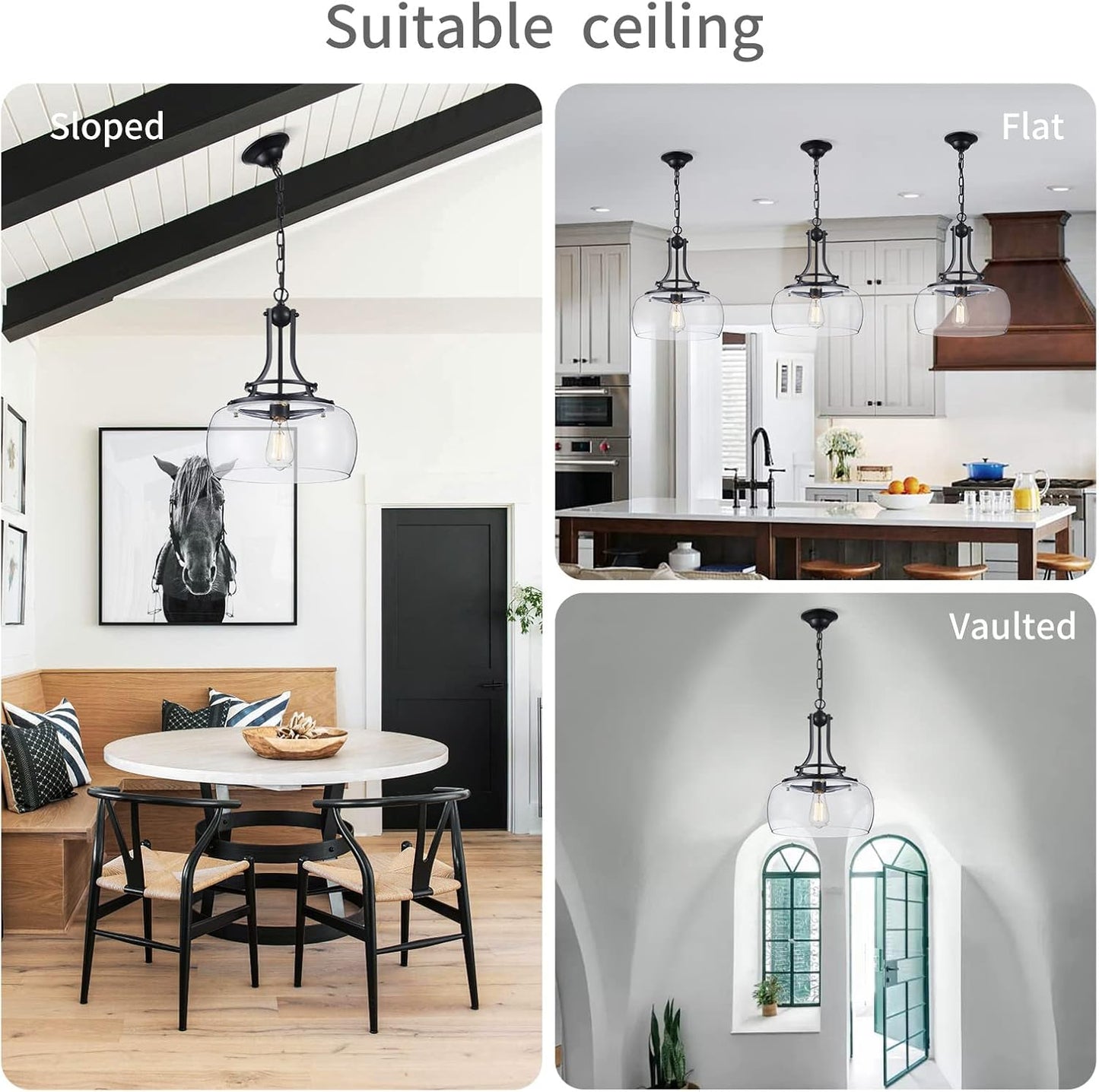 WUZUPS Chandelier Rustic Farmhouse Industrial Round Ceiling Pendant LED Light Fixture with Clear Glass Shades for Dining Room Kitchen Island Foyer Entryway, H 17" x W 13.4", E26 Base, Black