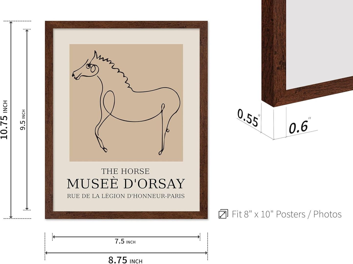 Poster Master Vintage Poster - Retro Minimalist Print - Gift for Artist, Friend - Horse, Line Drawing, Sketch, Abstract - Wall Decor for Living Room, Bedroom, 8x10 Brown Framed