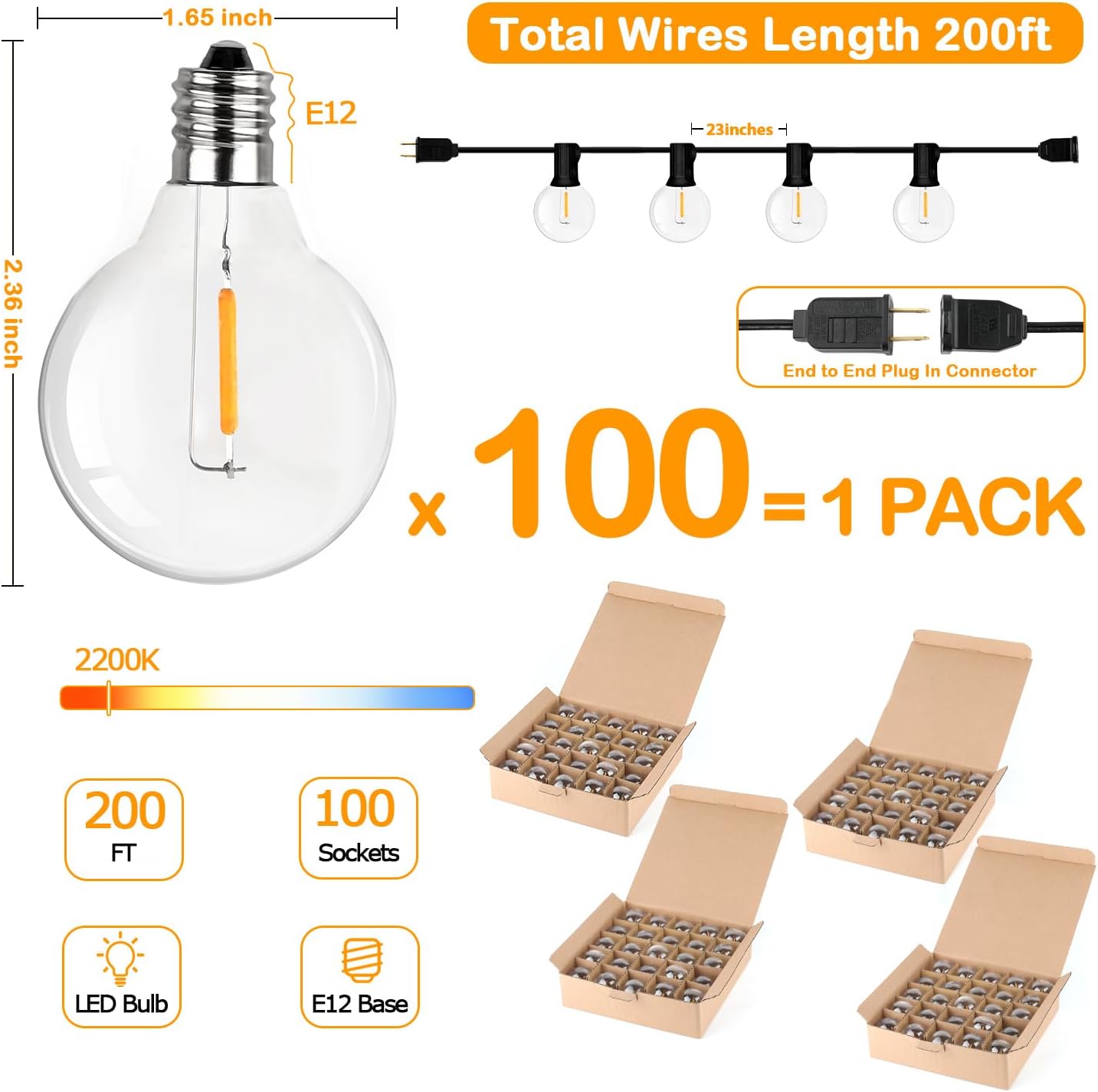 200FT LED Outdoor String Lights with 100+4 Bulbs, Shatterproof Waterproof Patio String Lights for Outside, Connectable 2200K Dimmable Commercial Hanging Light for Christmas Backyard Cafe Garden Bistro