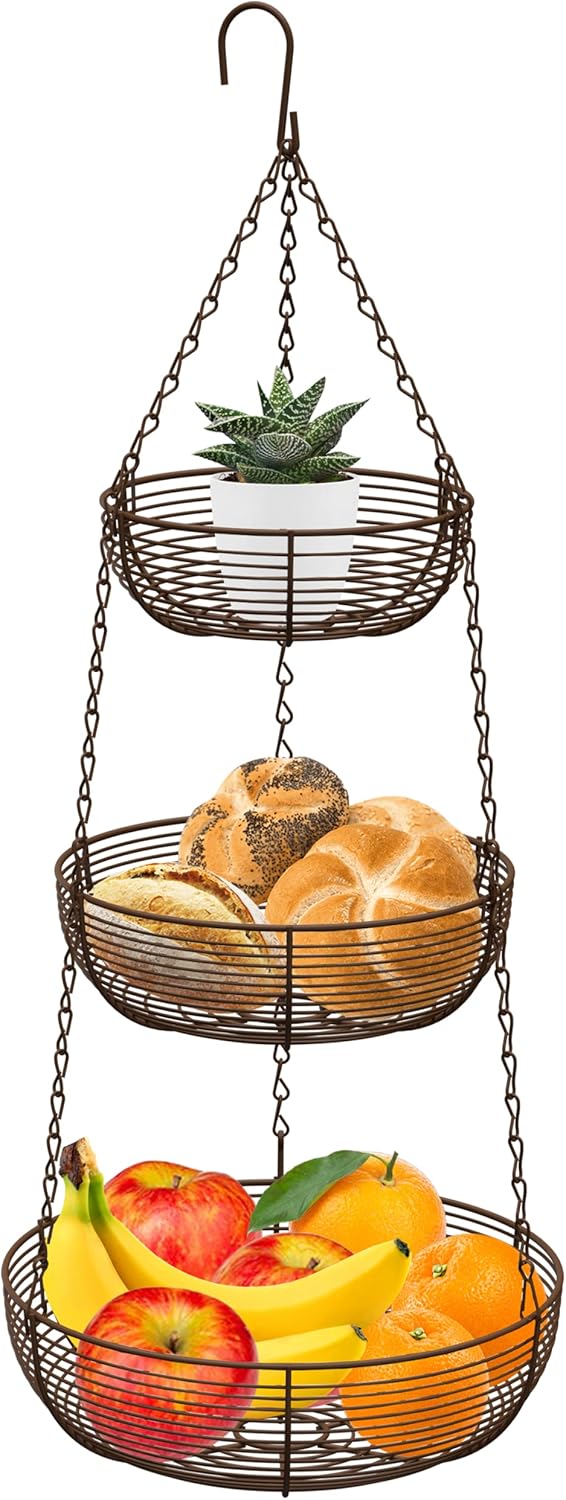 CAXXA 3-Tier Hanging Basket Fruit Organizer Kitchen Heavy Duty Wire Organizer with 2 Free Bonus Metal Ceiling Hooks(Bronze)