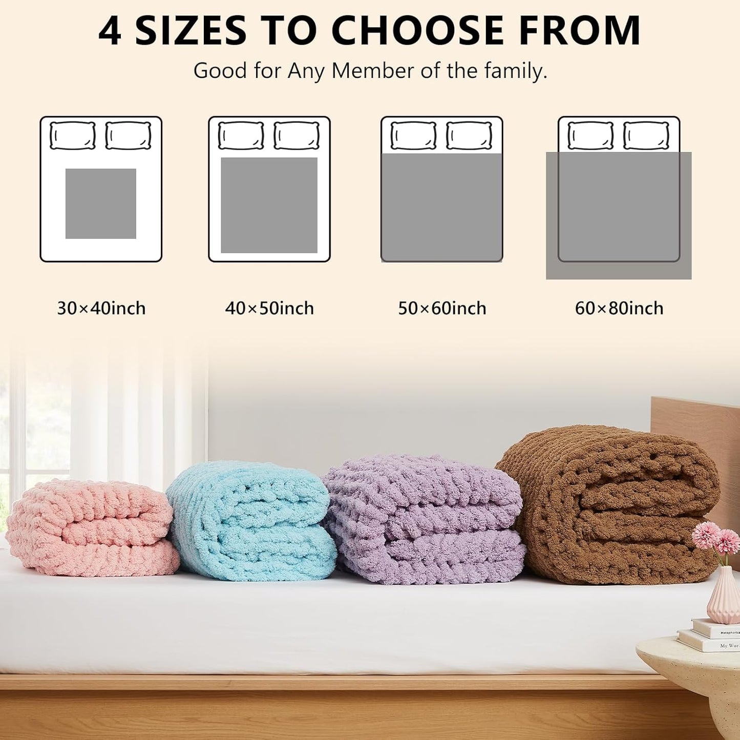 L'AGRATY Chunky Knit Blanket - Soft Chenille Yarn Throw - 60x80: Handmade Thick Cable Knit Crochet Blanket for Couch, Sofa, Bed & Home Decor